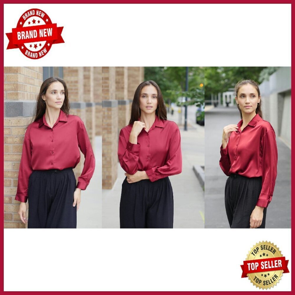 Long Sleeve Satin Button Down Blouse - Business Casual Fall Top - Picture 7 of 8